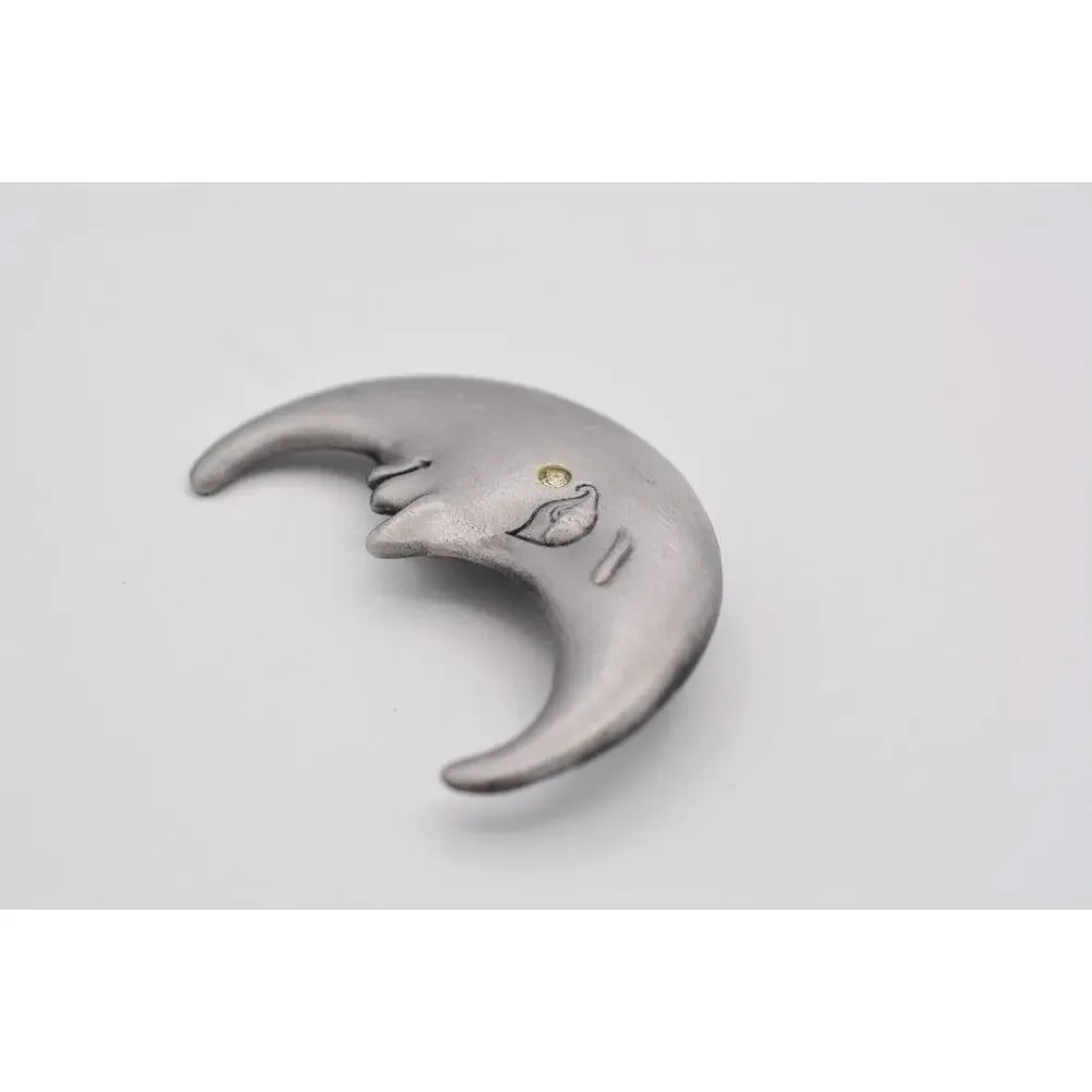 AJC Vintage Celestial Crescent Moon Pin Brooch Face Crystal Signed 1980s BinA18